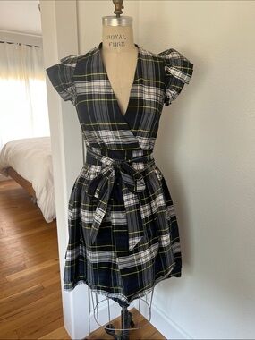 Sara Berman Black, White and Yellow Plaid Wrap Dress